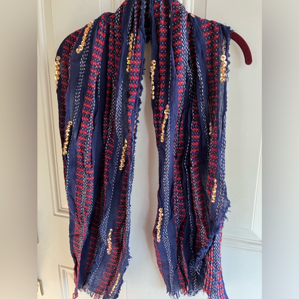 Blue & red with gold sequins long scarf
